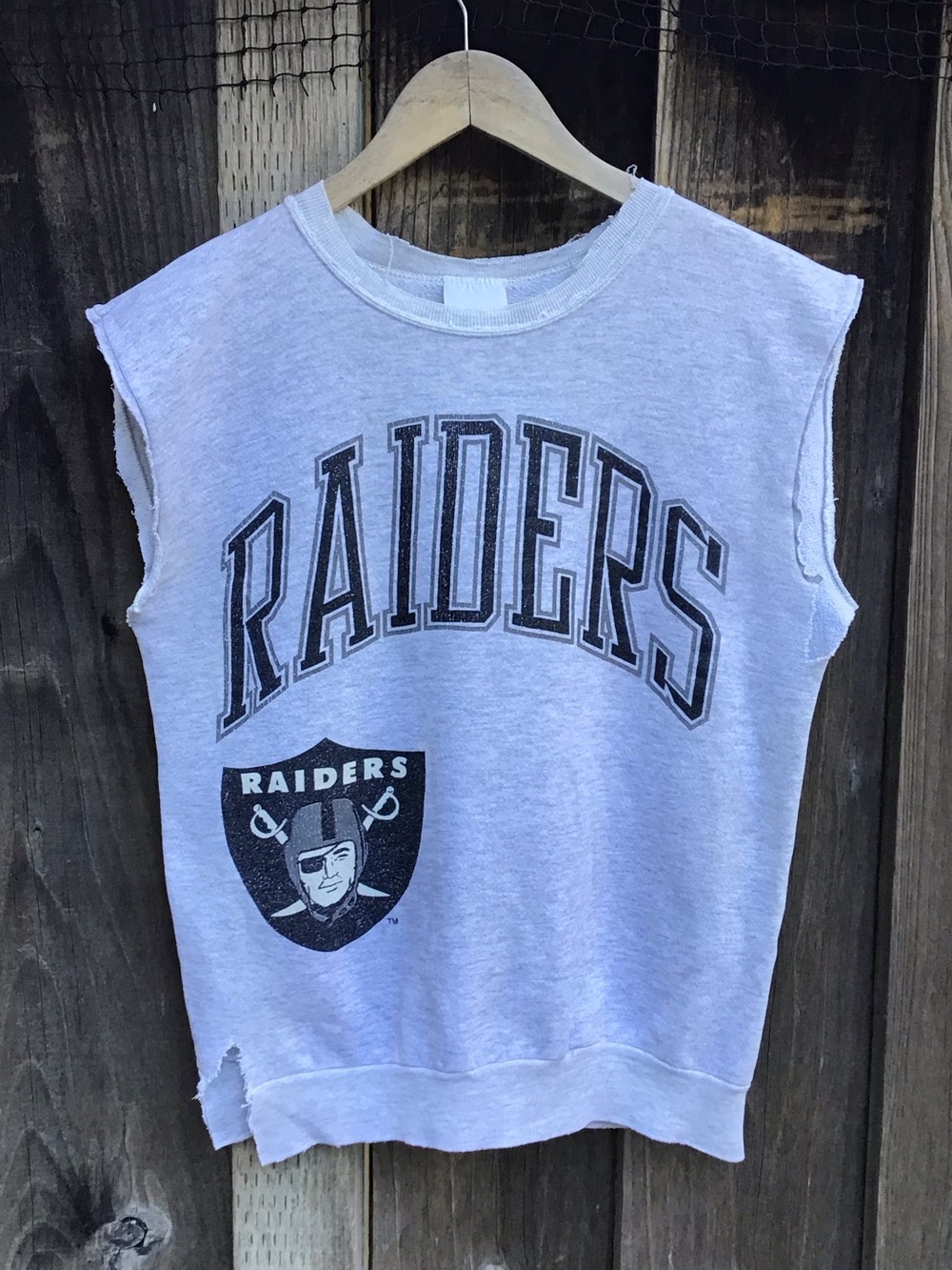 Vintage Raiders Cut Off Sleeveless Sweatshirt Gray NFL Crewneck Top Small